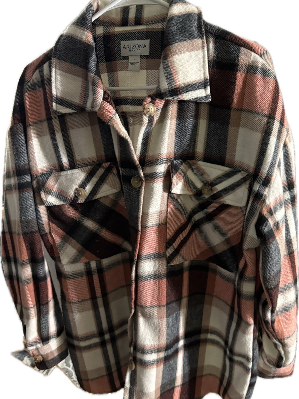 Arizona Jean Company Pink Cream and Black Plaid Utility Shacket